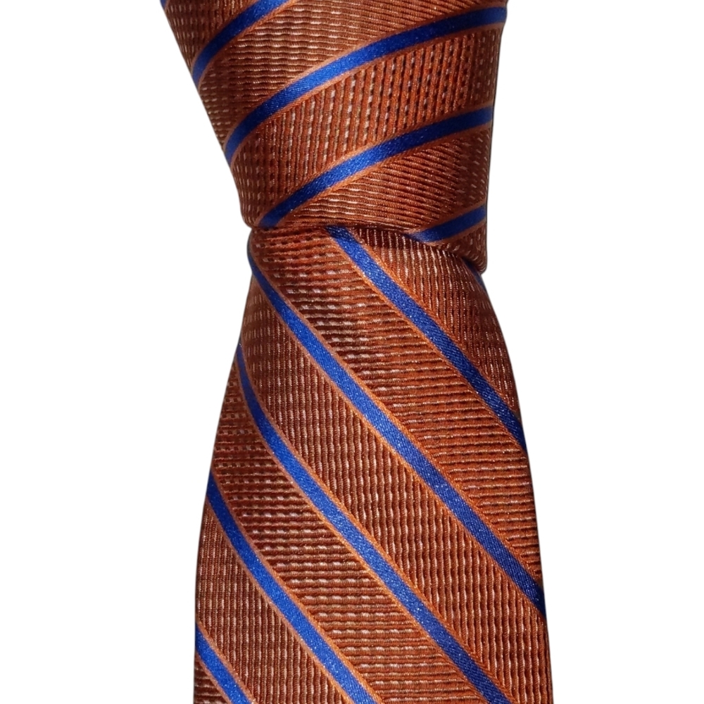 XMI Platinum 100% Silk Necktie Men's Orange Blue Iridescent Striped Designer Tie